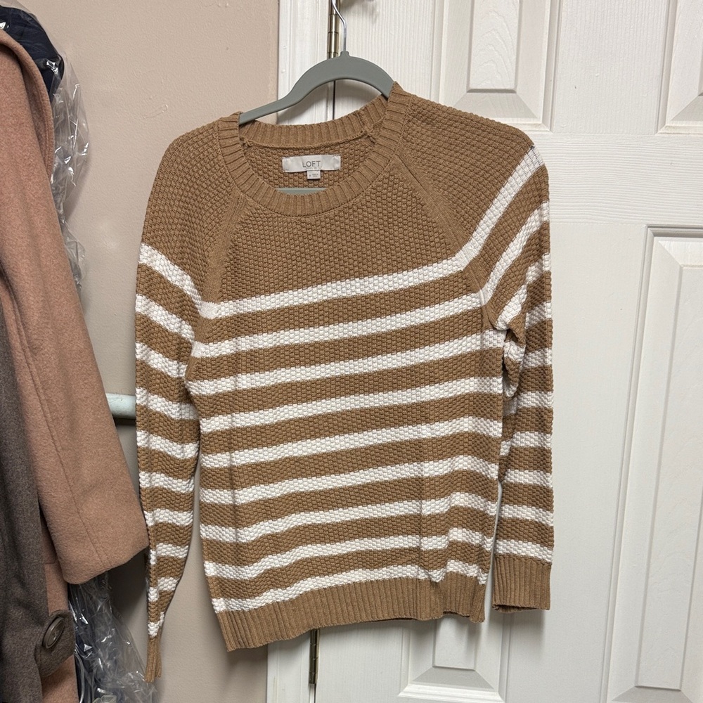LOFT Camel and White Striped Crew Neck Sweater